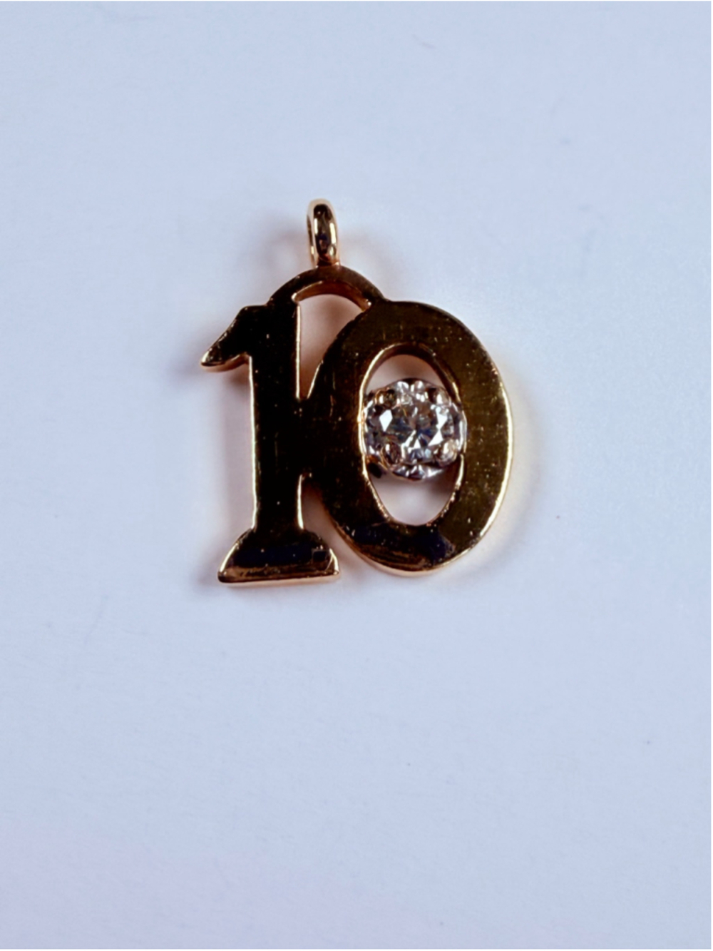 14K Solid Yellow Gold Number "10" Genuine Diamond Solitaire Charm VTG Pendant